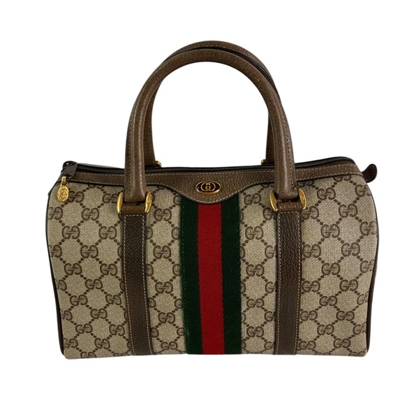 Vintage GUCCI brown signature web Boston leather and canvas handbag satchel bag - Picture 1 of 16